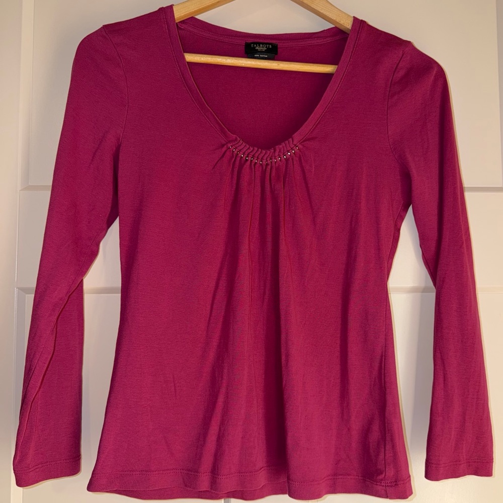 Talbots Petite burgundy 100% Pima Cotton Long Sleeve Ruched Top MP Great Conditi